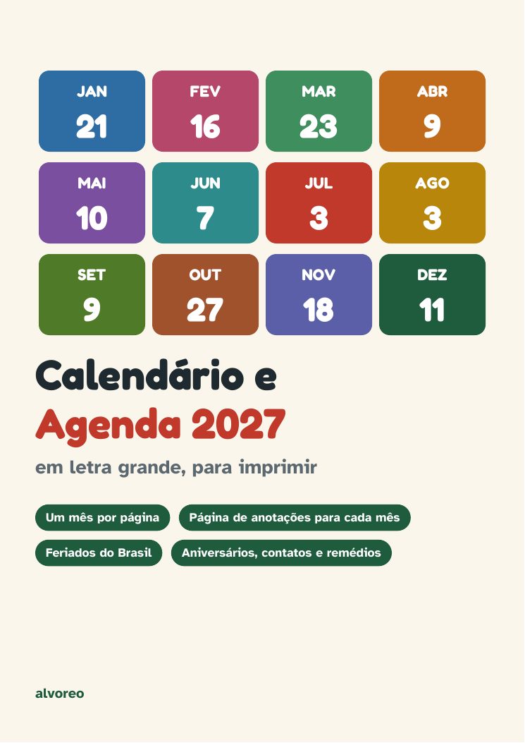 Calendário e Agenda 2027 em letra grande para imprimir