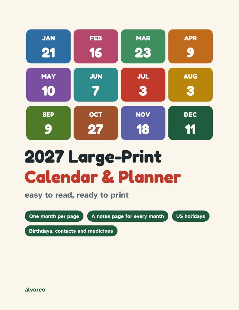 2027 Large-Print Calendar and Planner to print